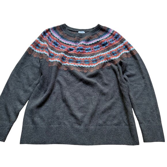 Talbots Size M Gray Multicolor Tweed Fair Isle Knit Long Sleeve Crewneck Sweater - Picture 3 of 13